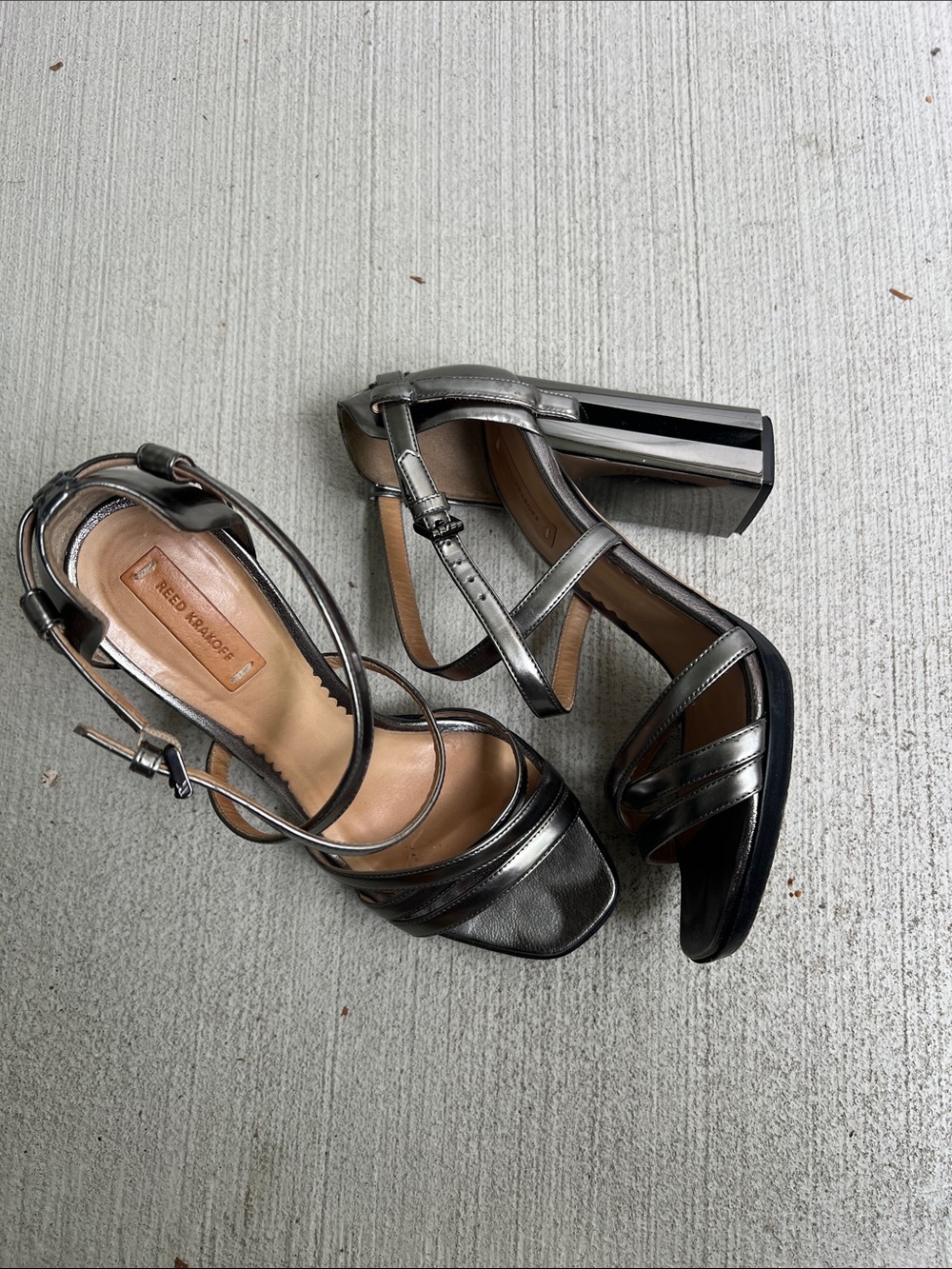 Reed Krakoff Gunmetal Silver Metallic Block Heel Sandals Made in Italy Size 37.5